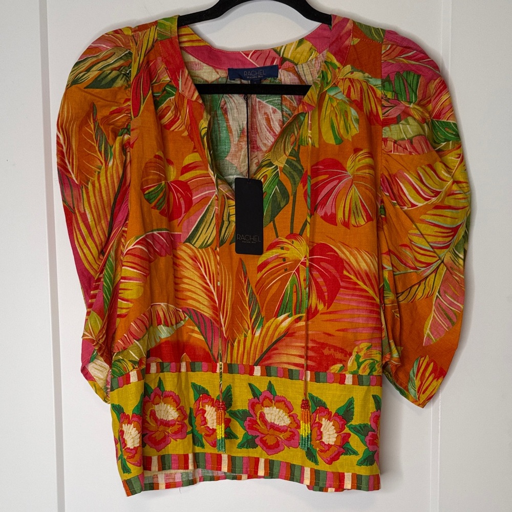 NWT Rachel Rachel Roy Linen Blend Vibrant Tropical Floral Blouse - Small